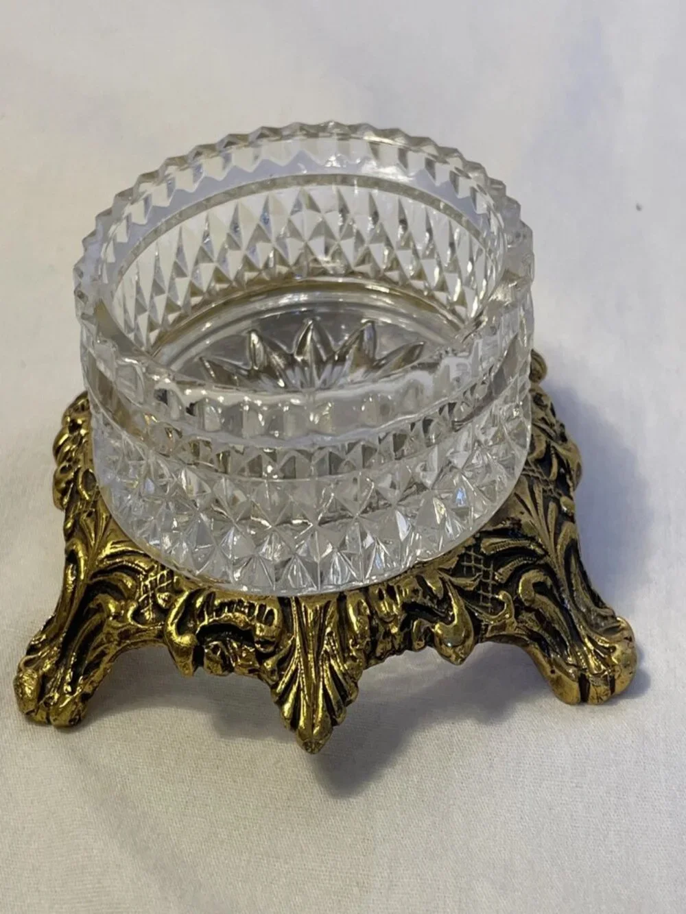 Vintage Crystal Salt Cellar Set Gold Filigree Footed Condiment Jam Bowls Spoon